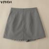 VONDA Women Zipper Up Waist Solid Color Mesh Patchwork Mini Pleated Skirts