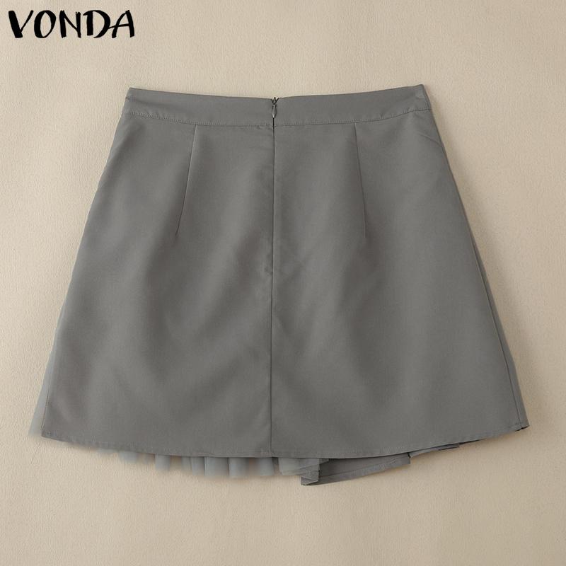 VONDA Women Zipper Up Waist Solid Color Mesh Patchwork Mini Pleated Skirts