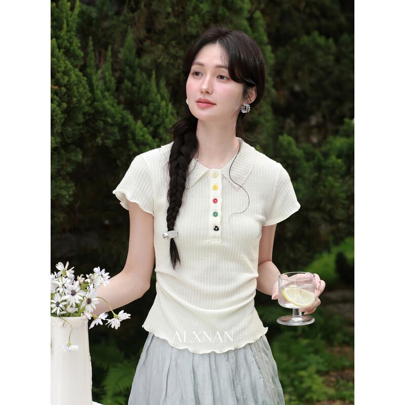 Women s Polo Collar Ruffle Trim Short Sleeve T-Shirt L абрикосовый