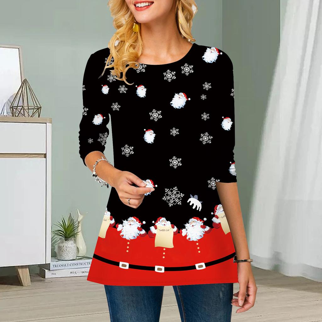 Übergröße Damen Blumen Schneeflockendruck Rundhals Lässiges lockeres Langarmoberteil