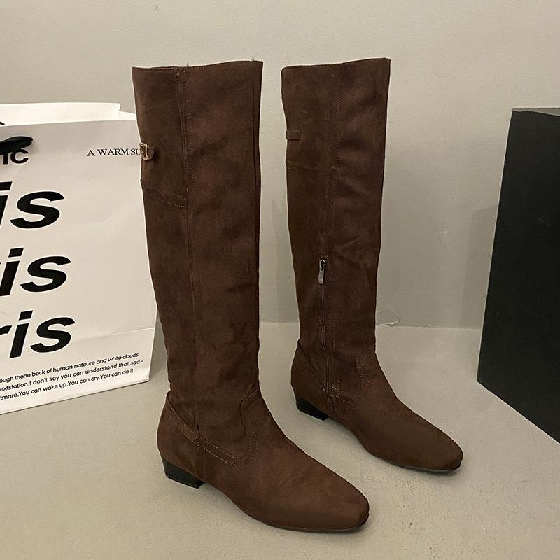 

Остроносые высокие сапоги на каблуке 2025 осень и зима новая ретро замшевая тонкая выше колена два способа носки рыцарские сапоги женские 40 коричневый
