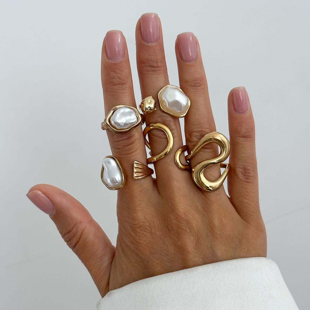 Design Sense Liquid Metal Glossy Ring Set, Baroque Imitation Pearl Open Ring