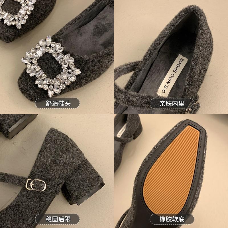 French Temperament Square Head Rhinestone Light Luxury One-word Belt Velvet Mary Jane Shoes Women's Woolen Wool Shoes Women's Winter Wear Single Shoes