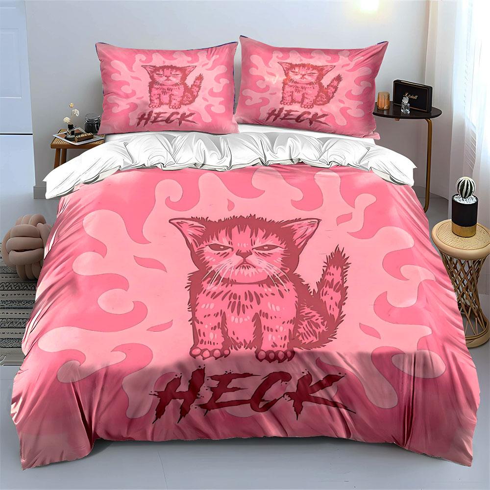"Pink Cat Art Decorative Set" Bedding Set with 1 Duvet Cover 2 Pillowcases Single Double King Queen, Gift