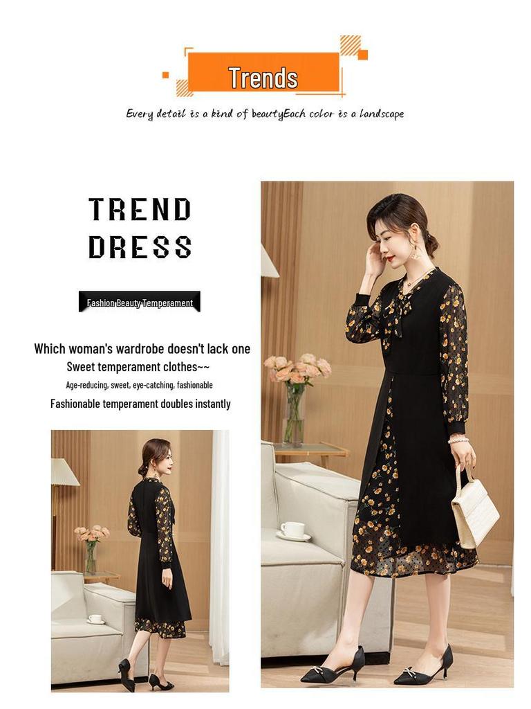 Elegant Floral Ruffle Collar Midi Dress - Long-Sleeve, Fake Two-Piece, Plus Size, Spring/Autumn Fashion for Middle-Aged Women