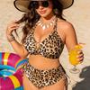Women's Plus Size Leopard Print Bikini Set, Drawstring High Waist Two Piece Swimsuit