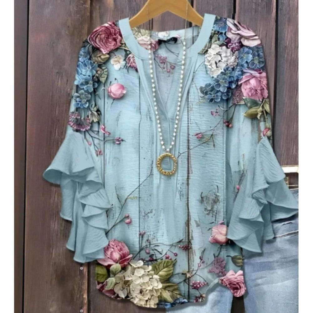 Large Women's Bohemian V-neck Shirt with Ruffle Sleeves, Grey Brown Floral Print Top, Casual Breathable Machine Washable Pullover