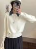 Korean Plaid Patchwork Knit Sweater - Women's Long Sleeve Fake Two-Piece