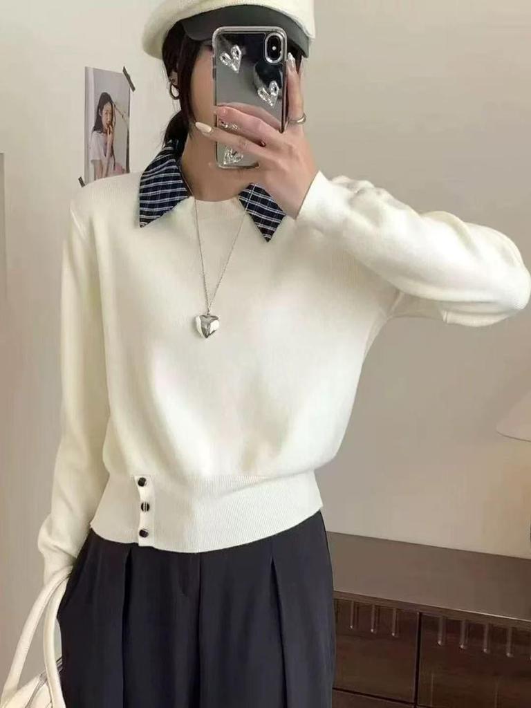Korean Plaid Patchwork Knit Sweater - Women's Long Sleeve Fake Two-Piece