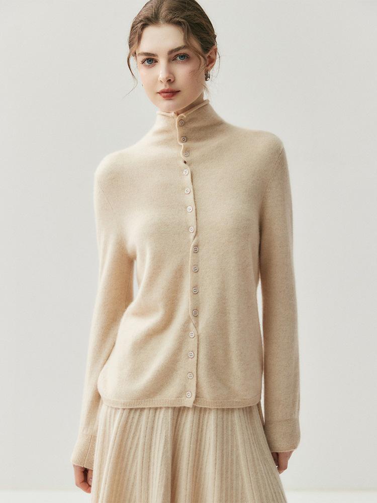 Women's Rolled Edge Cashmere Button-Up Cardigan, Half-High Collar Sweater Coat.