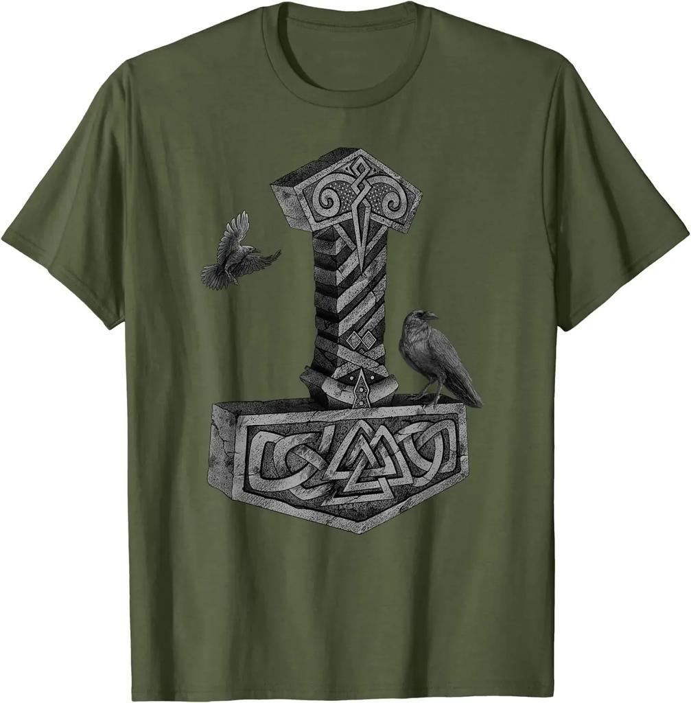 Norse Mythology Mjolnir Thor Hammer Odins Raven TShirt 100 Cotton ONeck Summer Short Sleeve Casual Mens Tshirt Size S3XL