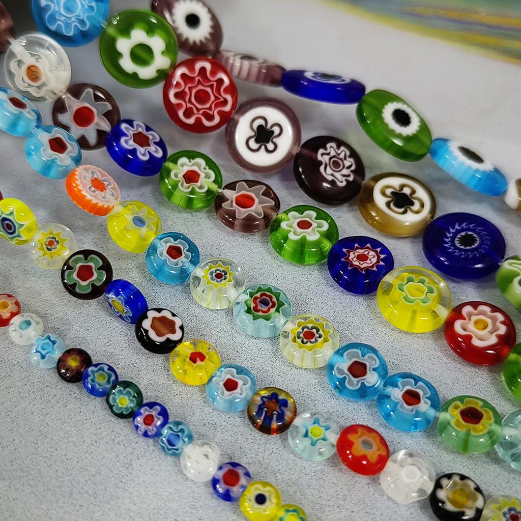 Millefiori Flower Glass Beads - Round Flat Beads for DIY Jewelry Making