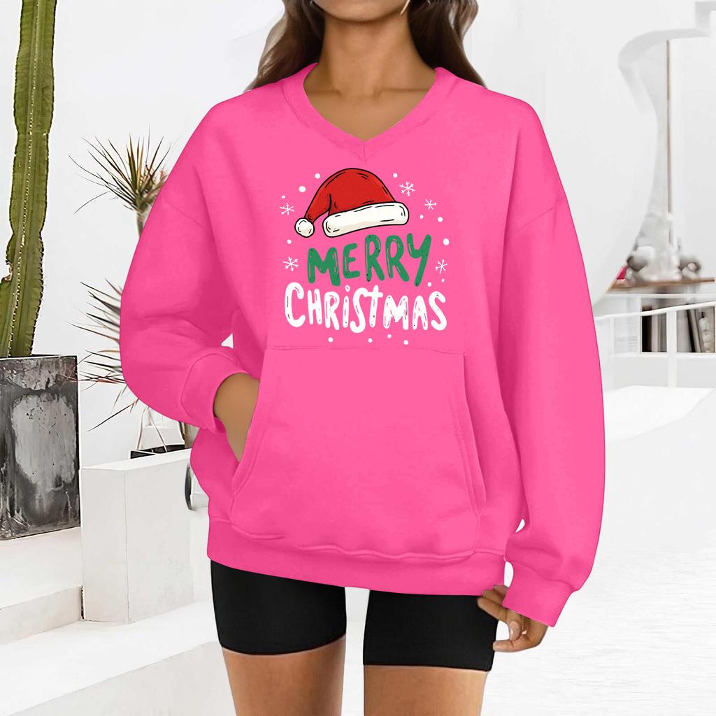 Damen Modisches Weihnachtsdruck Langarm V-Ausschnitt Sweatshirt