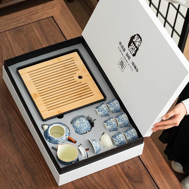 Ru Fırını Çiçekli Kung Fu Çay Seti Seramik Çaydanlık Gaiwan Çin Retro Saplı Çaydanlık Hediye Kutusu Üst Düzey Hediye