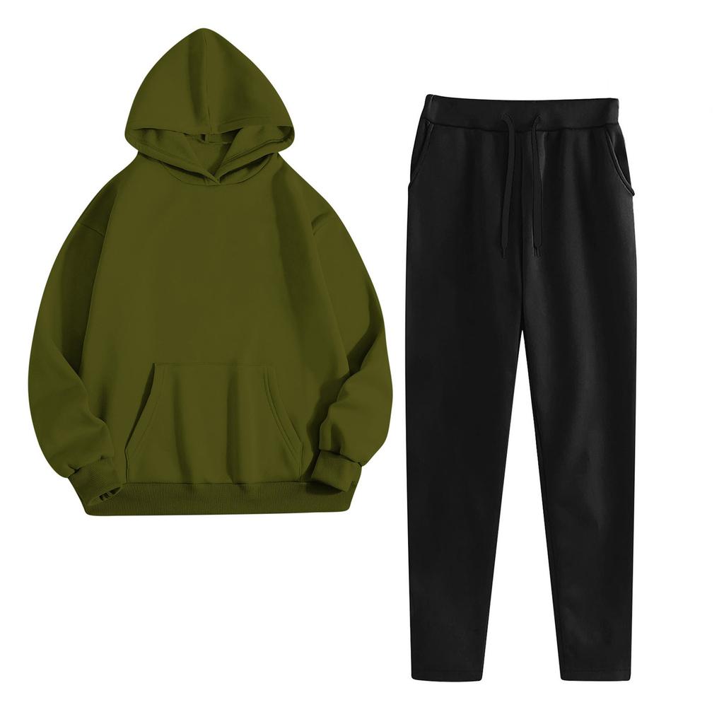 Women's Fashionable Relaxed-Fit Hooded Sweatshirt With Pockets And Fleece-Lined Trousers Set
