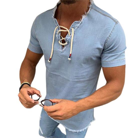 Летняя джинсовая футболка с V-образным вырезом и бахромой, футболка с кружевной шнуровкой спереди, короткий рукав, мужская одежда