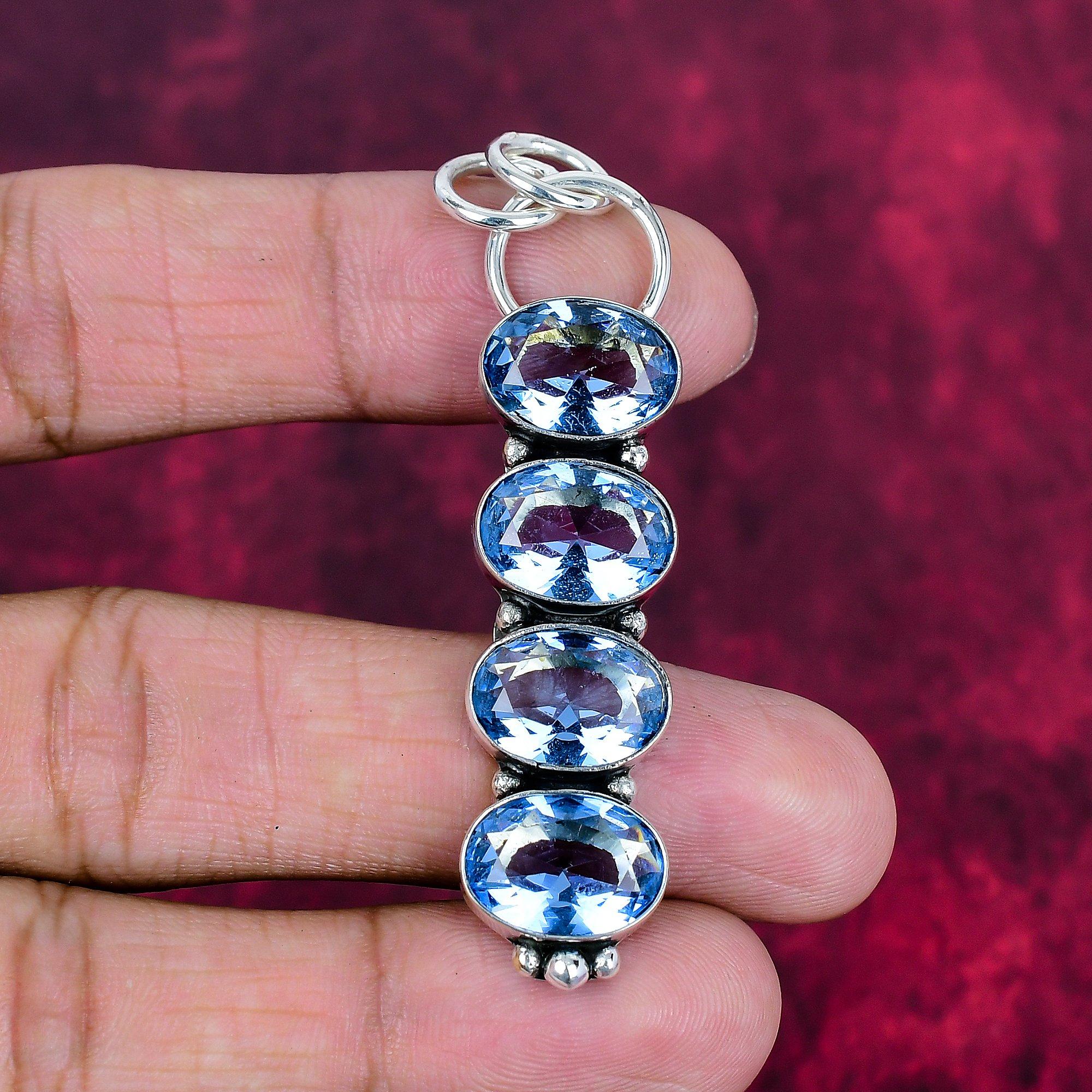 

Подвеска с голубым топазом, ювелирные изделия из цельного серебра 925 пробы с драгоценными камнями, подвеска ручной работы, на День благодарения 2.63 Inches синий