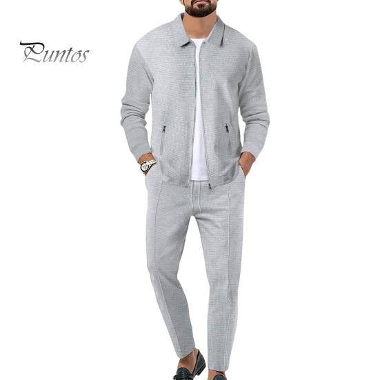 

2 шт./компл. мужской осенний костюм с лацканами, длинным рукавом, застежкой-молнией, кардиганом, эластичным шнурком на талии, длинными брюками, повседневная одежда с вафельной текстурой M серый