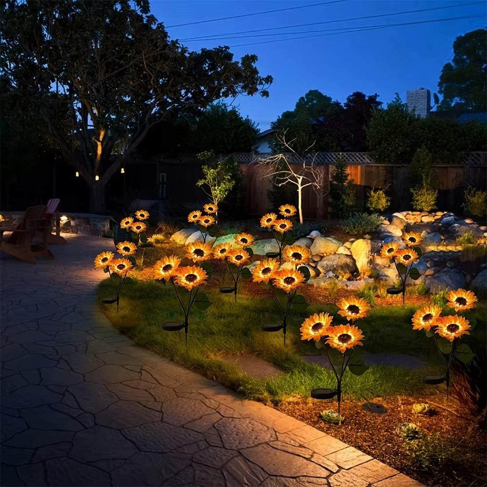 Solar Sunflower Garden Lights 1/3 Heads Waterproof Outdoor Decorative Lawn Lamp for Yard Pathway Wedding Christmas