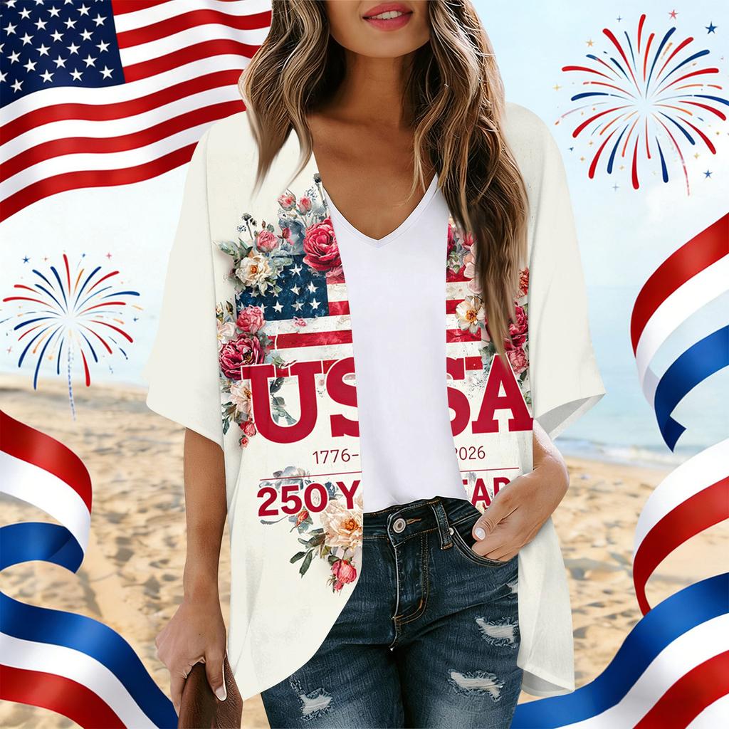 Women's Independence Day Print Cardigan, Loose-Fit Tunic, Casual Shirt
