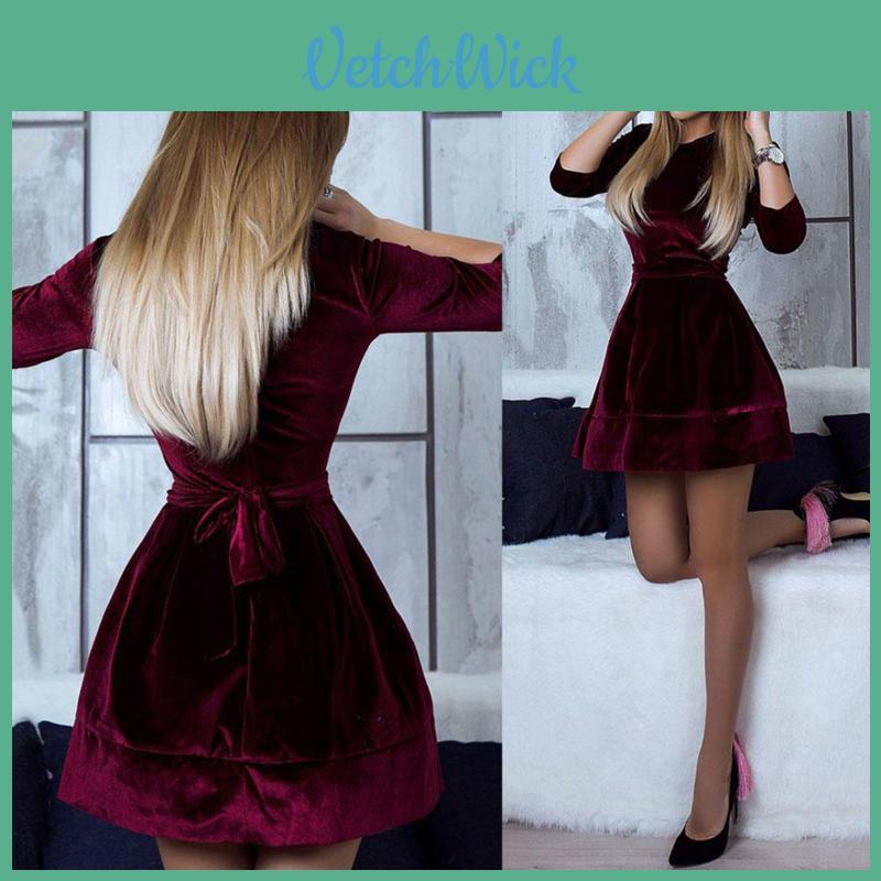 Elegant Women Dress Fashion Velvet Swing Plush Party Evening Prom Skater Midi Dress