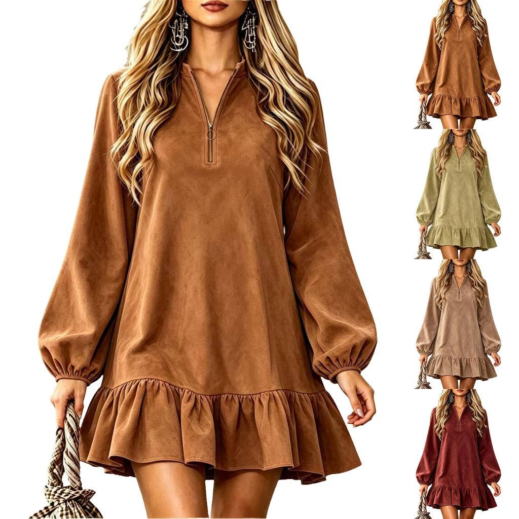 Women's Casual Long Sleeve Color Ruffle Hem Dress for Spring Summer and Everyday Wear