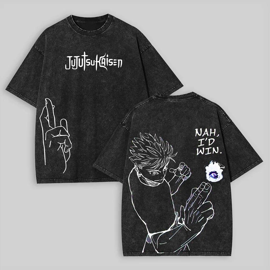 Gojo Nah I d Win T-shirt Jujutsu Kaisen Line Art Tee Vintage Washed Oversized Retro Anime Harajuku Men Streetwear Graphic Tops M