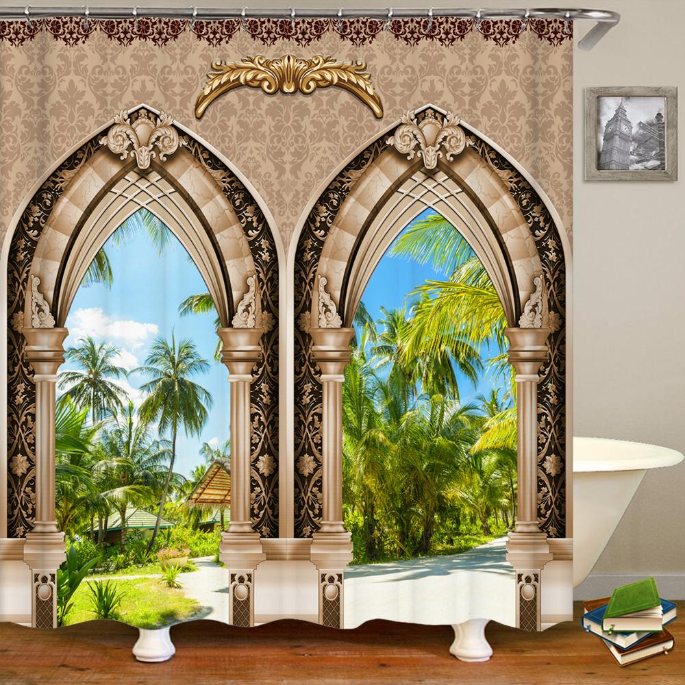 

Bathroom Waterproof Shower Curtain Polyester 3D Nordic Moroccan Style Arch Landscape Printing Home Decoration Curtain With Hook W60H190(CM)-1 Pcs
