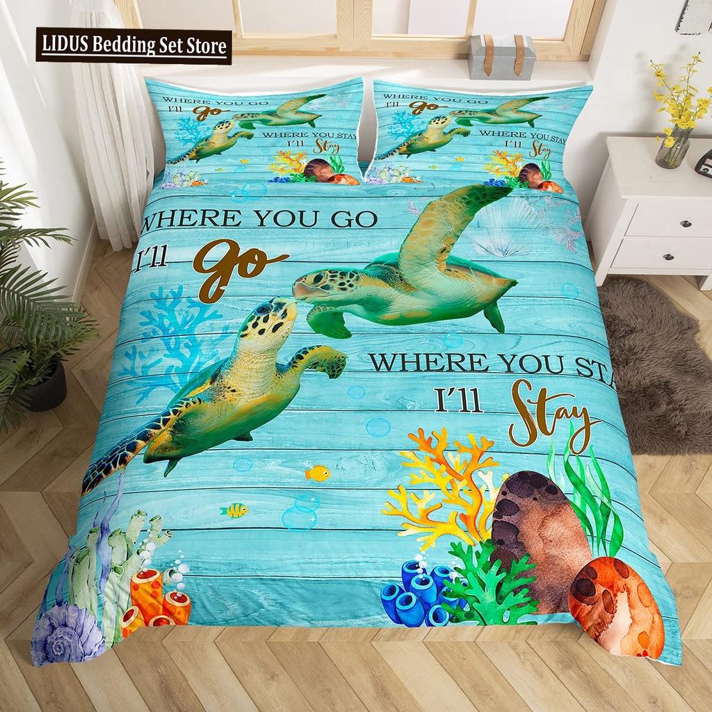 Sea Turtle Duvet Cover Set King Size Watercolor Tortoise Butterfly Comforter Cover For Boys Girly Dreaming Style Bedding Set