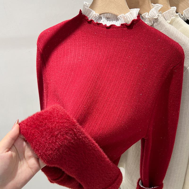 Semi-turtleneck Velvet Thickened Bottoming Shirt for Women's Autumn and Winter New Integrated Velvet Warm Inner with Ruffle Leaf Edge Top for Women