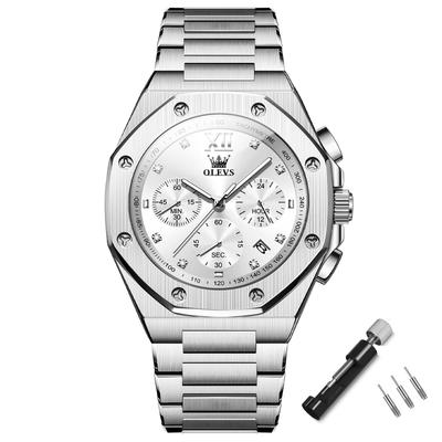 Olevs Octagonal Analog Stainless Date Large Luxury Watch for Gift Men's Watch, Silver, Popular, Waterproof, Quartz, Dress, Business, Stylish, Steel,