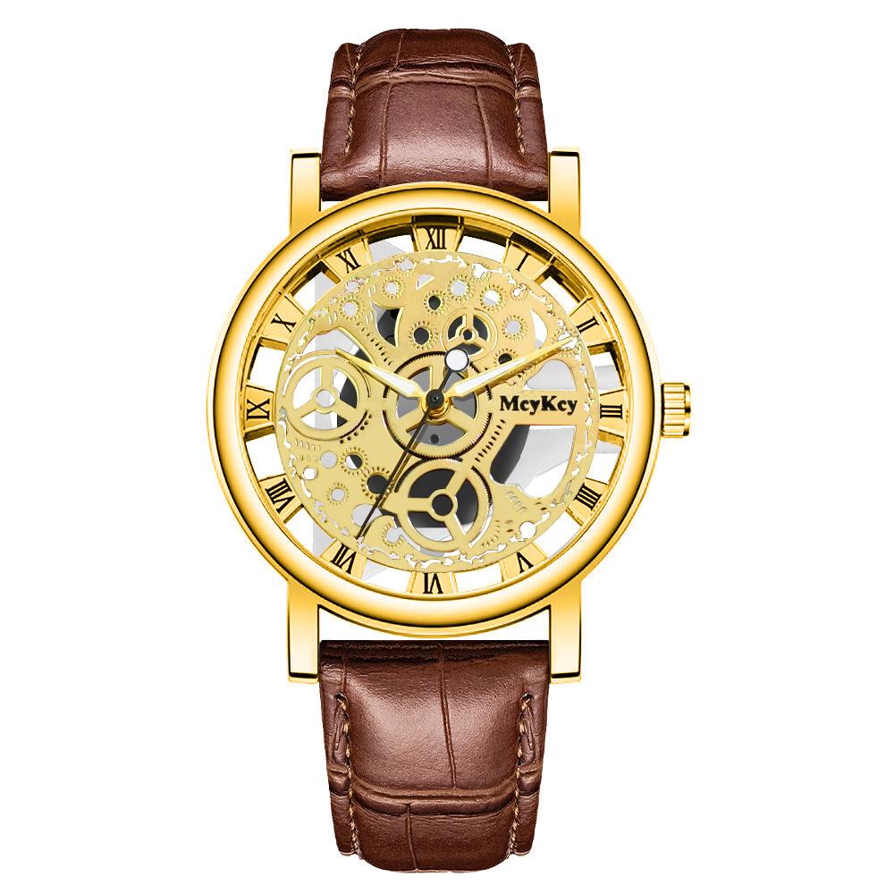 Men's Transparent Bottom Hollow-Out Leather Strap Quartz Watch