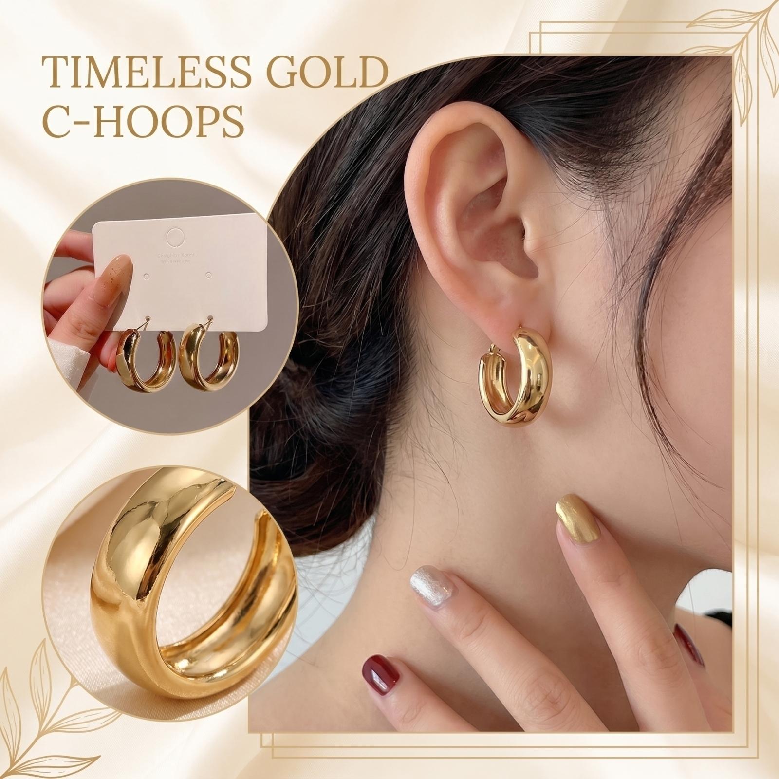 

C-Shaped Metal Earrings; Small And Thick, Minimalist , Handcrafted, Exquisite And Hypoallergenic; A Perfect Gift For Women. One Size золотий