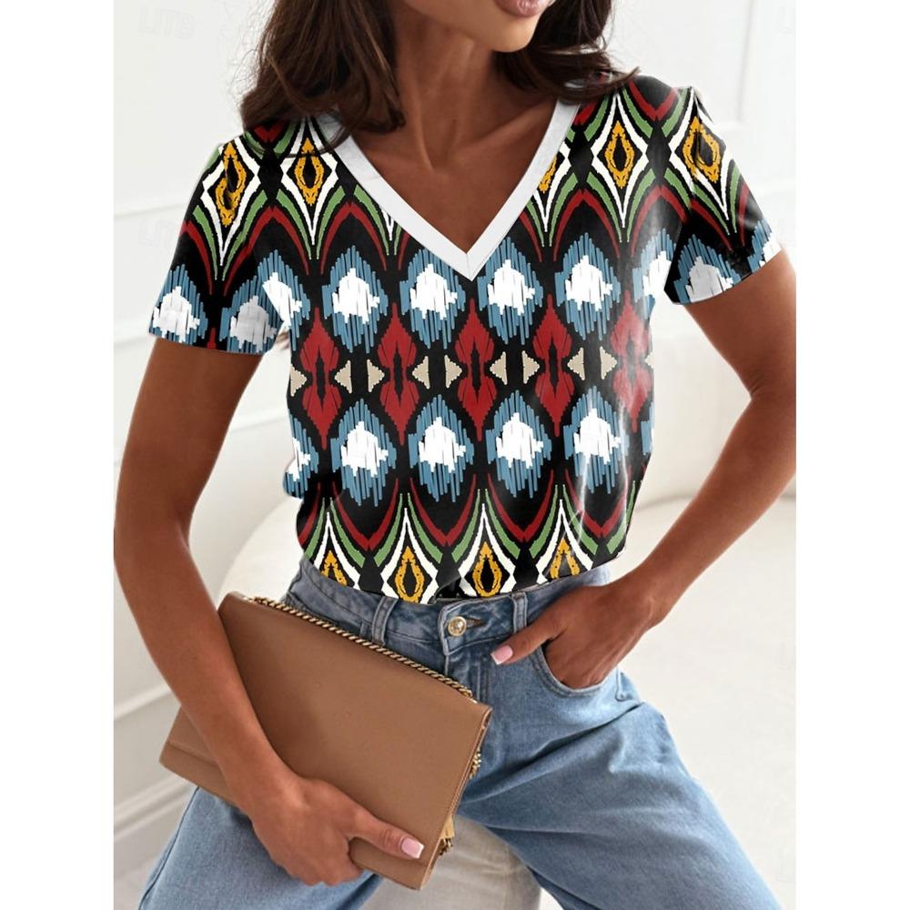 2025 Ethnic Women's T-Shirt Vintage Graphics Fashion Short Sleeved V-Neck Regular Tops Daily Print Tee Summer Casual Tops