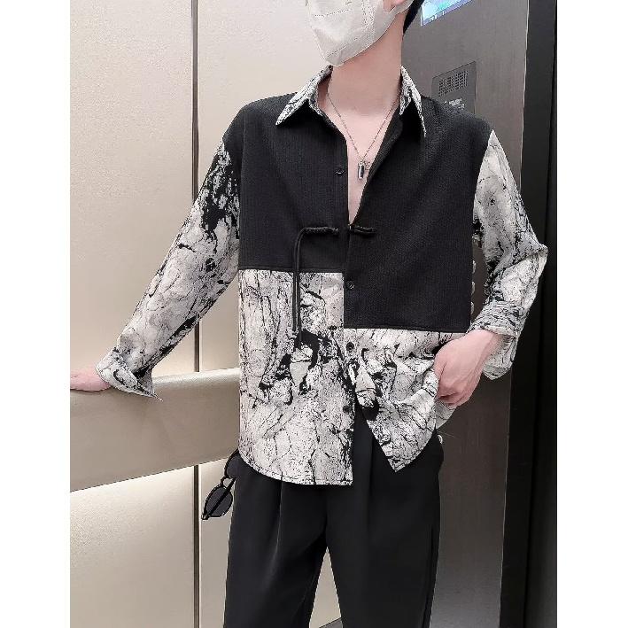 

Новая свободная рубашка с длинным рукавом в китайском стиле с принтом тай-дай, мужская модная летняя рубашка BF из двух частей с имитацией пуговиц в стиле пэчворк 3XL серый