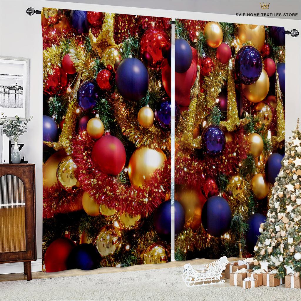 Christmas Animated Design Pattern Print Curtain, Snowflake Ball, Burgundy Car, Bedroom, Restaurant, New , Holiday Party Decoration, 2 Pcs