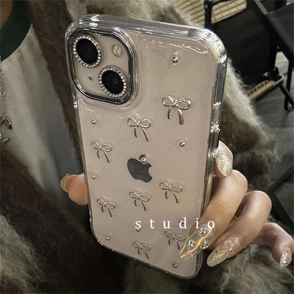 Luxury 3D Silver Bowknot Transparent Phone Case For iPhone 16 15 13 12 11 Pro Max 14 Plus Korean Girl Epoxy Glitter Soft Cover