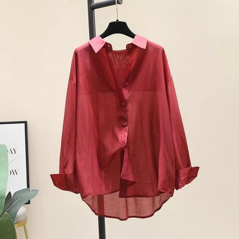 Solid Solor Thin Shirt Women's Spring/summer Korean version Long sleeved Sunscreen clothing Female Loose Casual Top