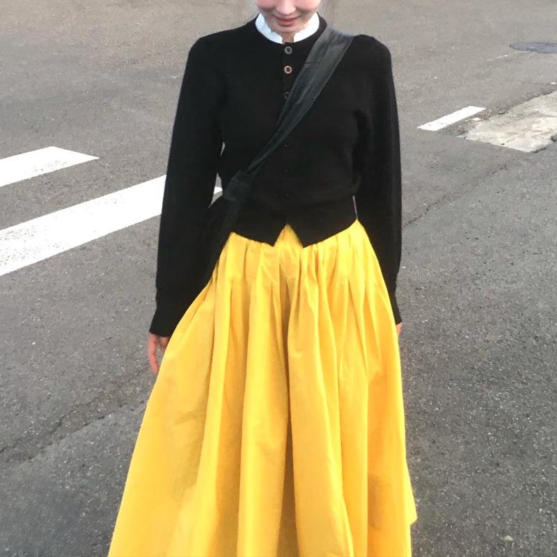 Women's Autumn Dopamine Outfit: French Lace Collar Shirt & Bright Yellow Midi Skirt Set