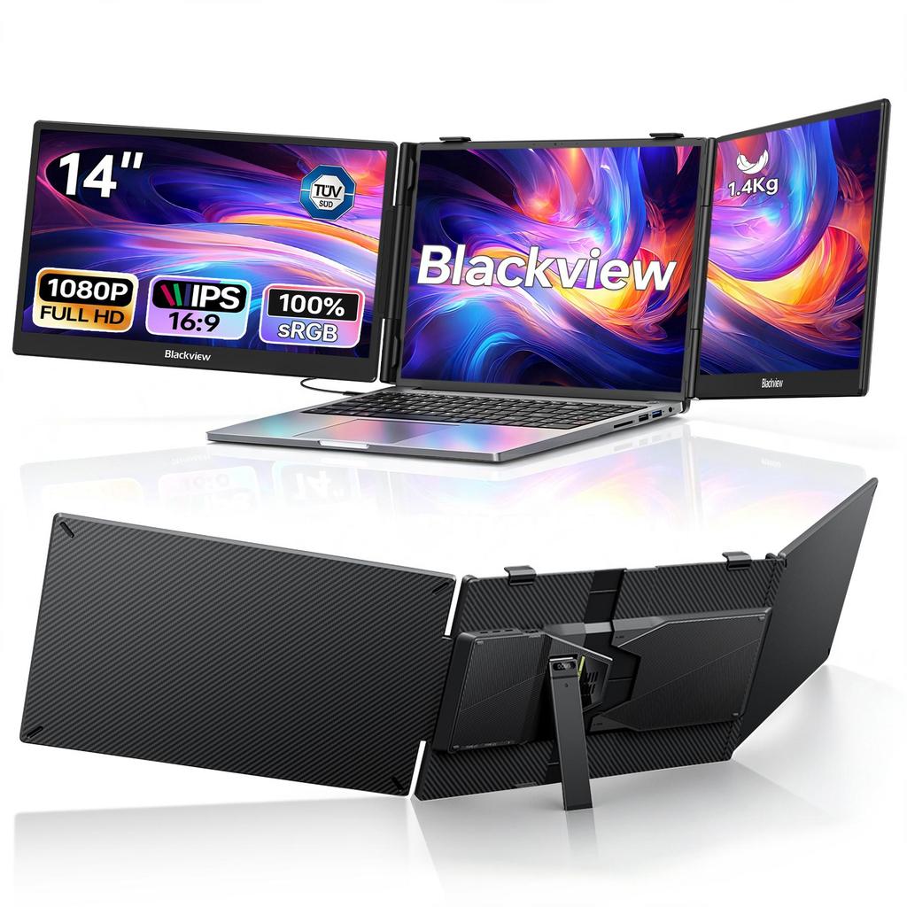 Blackview DCM5 Triple Laptop-Bildschirmerweiterung, 14" 1080P FHD IPS Tragbarer externer Bildschirm, Zwei-Kabel-USB-C, Plug & Play, Kompatibel mit Windows/Mac