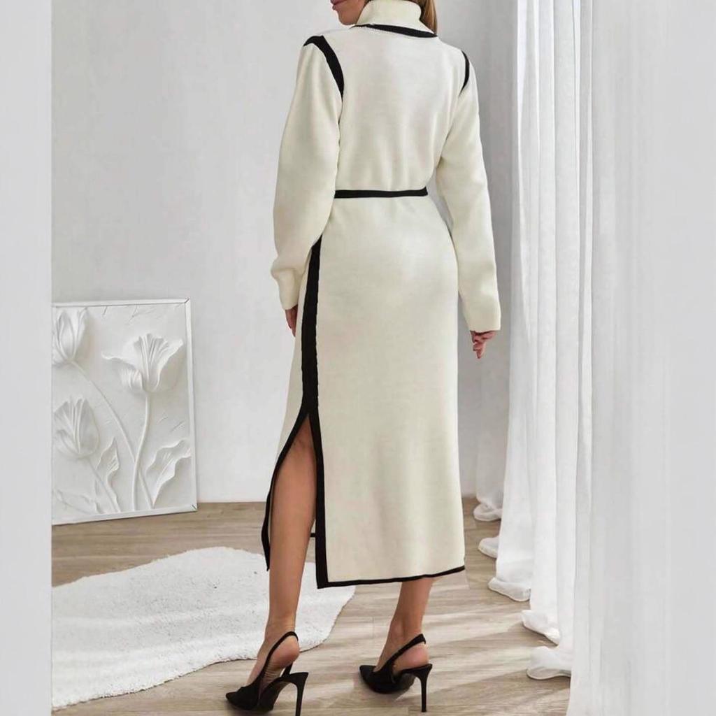 European & American Women's High-Neck Knitted Dress, Fall 2025 - Waist-Cinching, Long-Sleeve Slit French Style