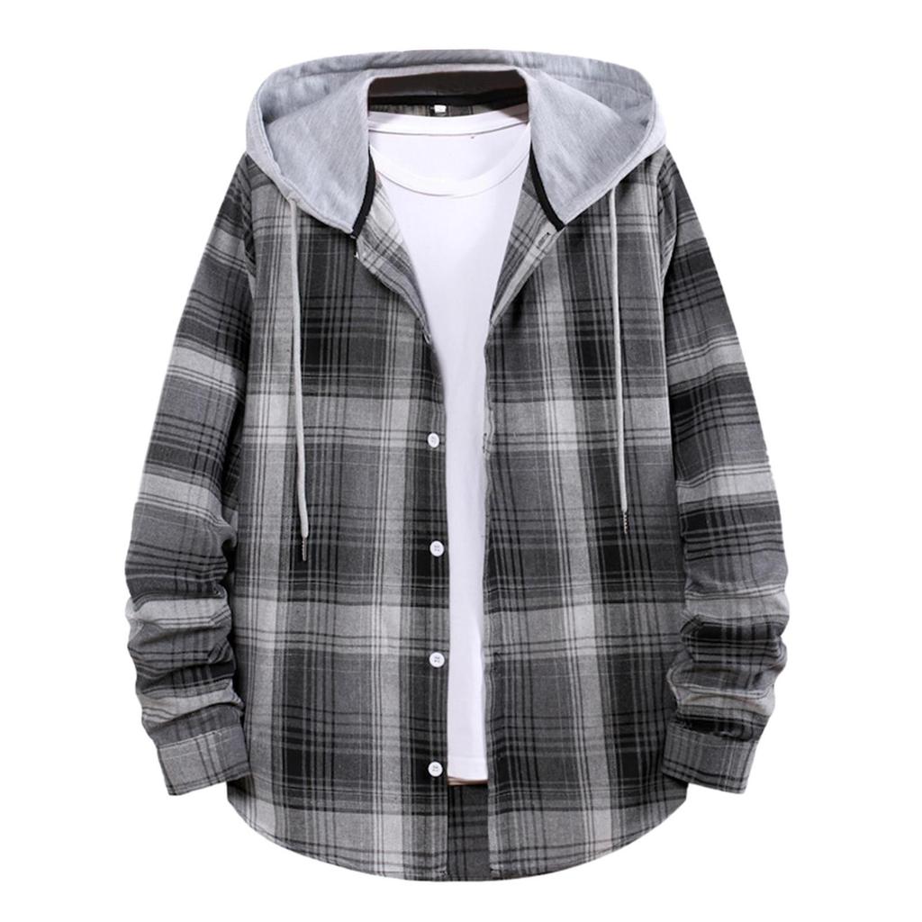 Men Casual Plaid Shirt Hooded Shirts Oversized Casual Shirt Men's Clothes European American Style Handsome Holiday Checked Shirt