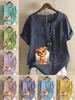 Women's Fashion Lion Print Casual Cotton Linen Short Sleeve Round Neck T-shirt Shirt Leisure Loose Summer Blouse Tops