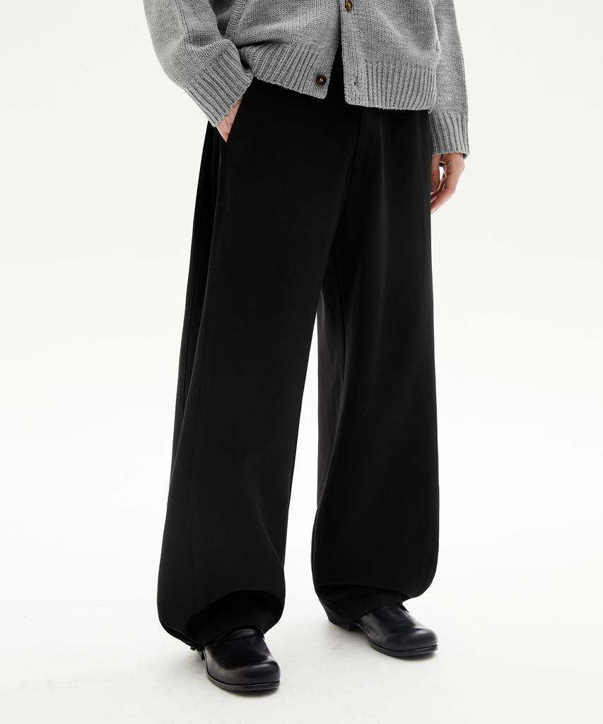 TRILLION Side Pleat Snap Button Wide Slacks (Black)