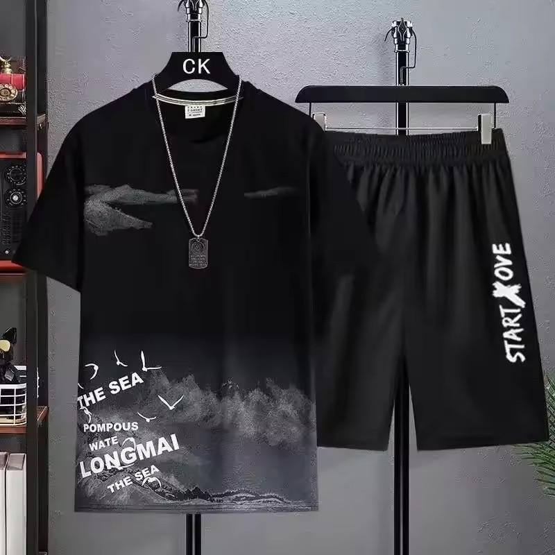 Men's New Summer Suit Casual Splicing Round Neck Half Sleeve Sports Plus Size Men's Clothing