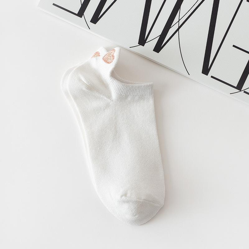 5 Pairs Cute White Socks Women Embroidered Short Ankle Socks Coffee Rabbit Bear Bowknot Love Heart Expression Cotton Boat Socks