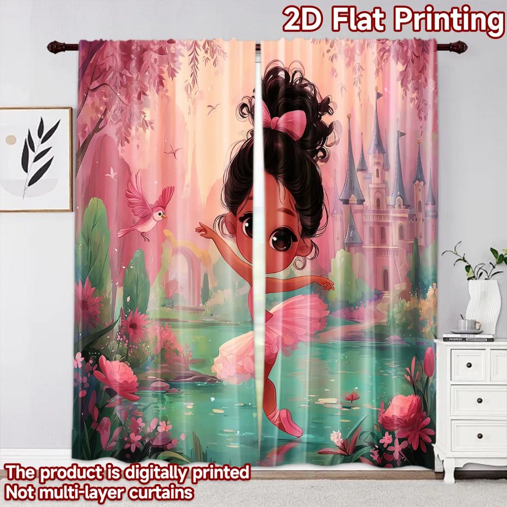 2D Flat Printing 2pcs Curtain Curtains Spring Fairy Ballet Digital Printed Polyester Drapes Holiday Decorations for Bedroom