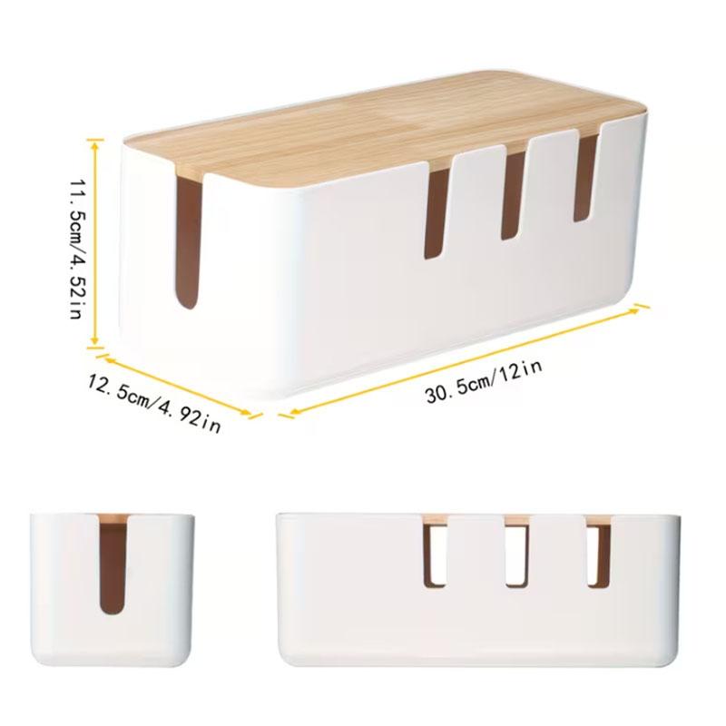 Cable Management Box with Bamboo Lid 7 Holes Plug Board Organizer Multi-functional Plastic Power Cord Stripe Storage Tidy Box