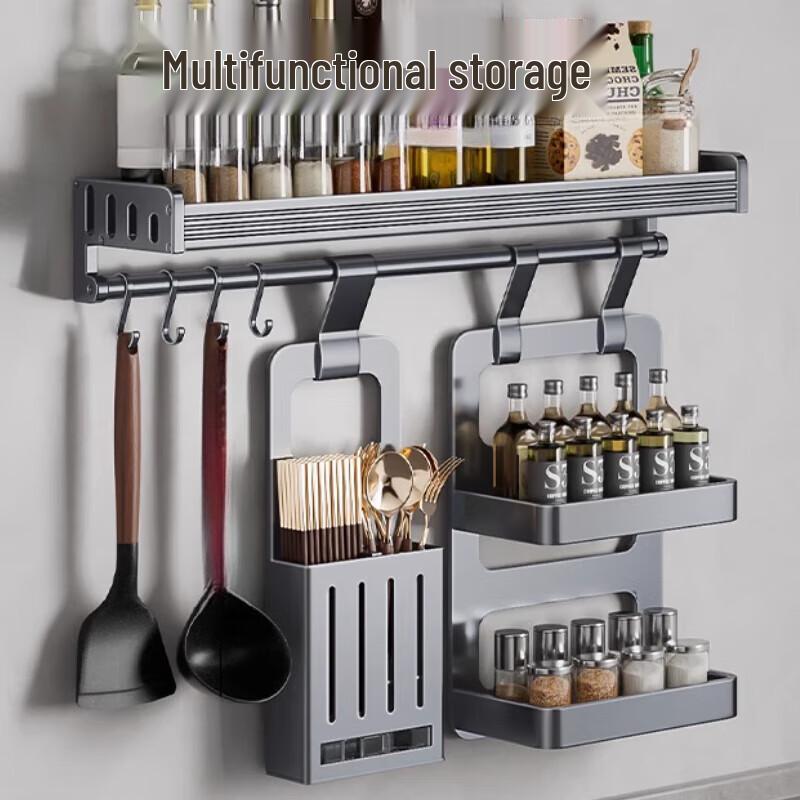 2-Tier Wall-Mounted Carbon Steel Kitchen Storage Rack with Spice & Knife Holder
