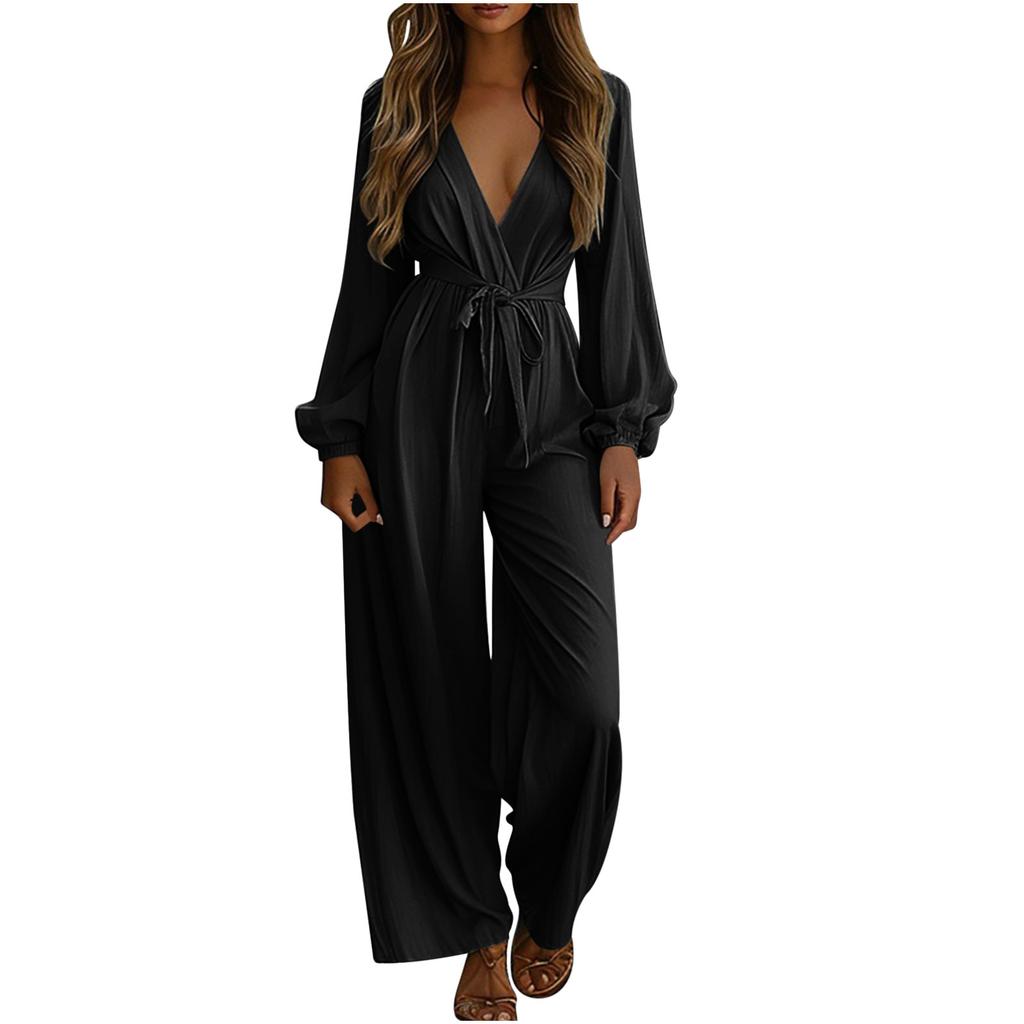 Women's Fashionable Sexy Style Deep V-Neck Long-Sleeve Solid Color  Wear Wide-Leg Pants Jumpsuit